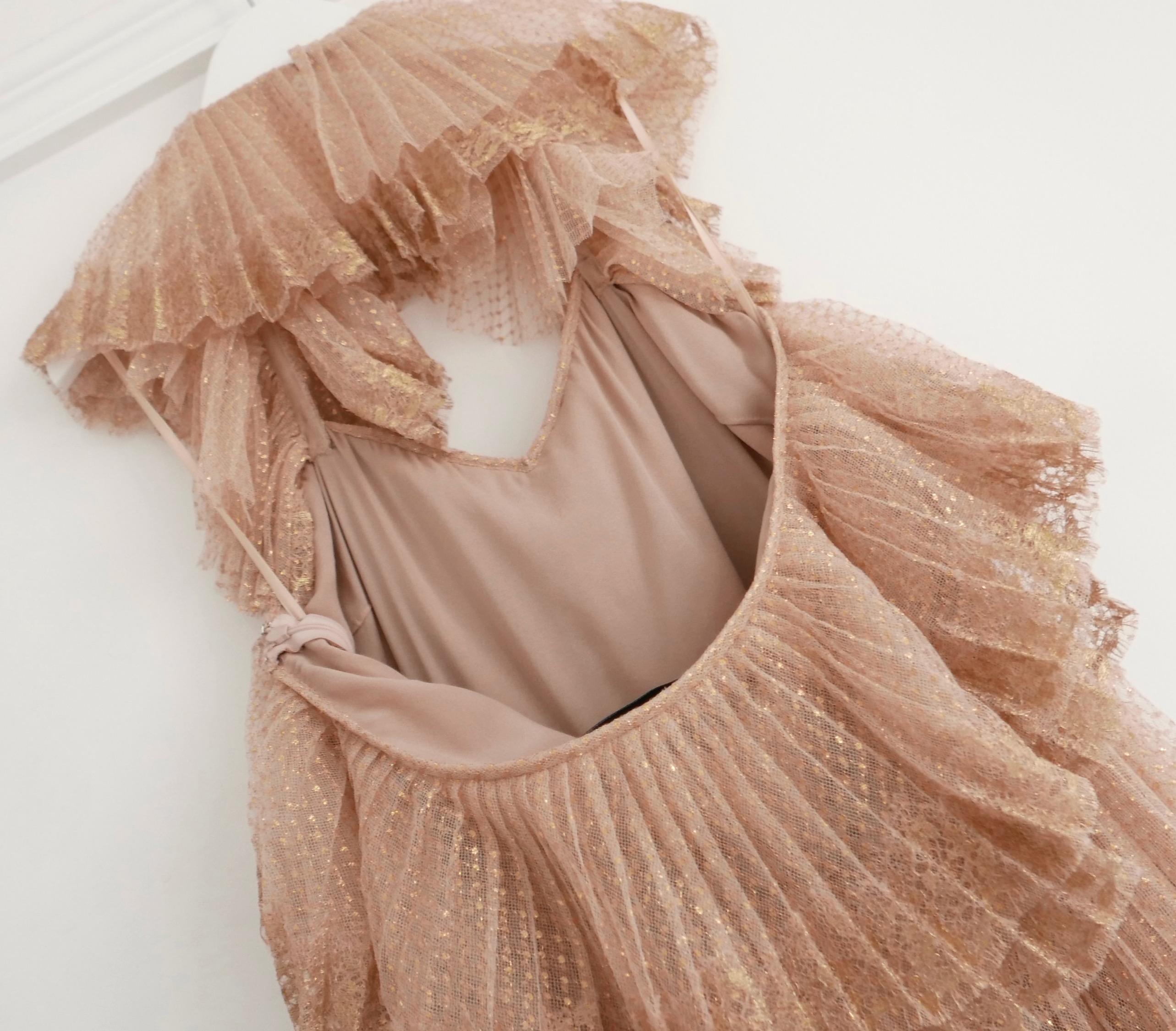Valentino Gold/Nude Tiered Tulle Lace Gown Dress For Sale 1