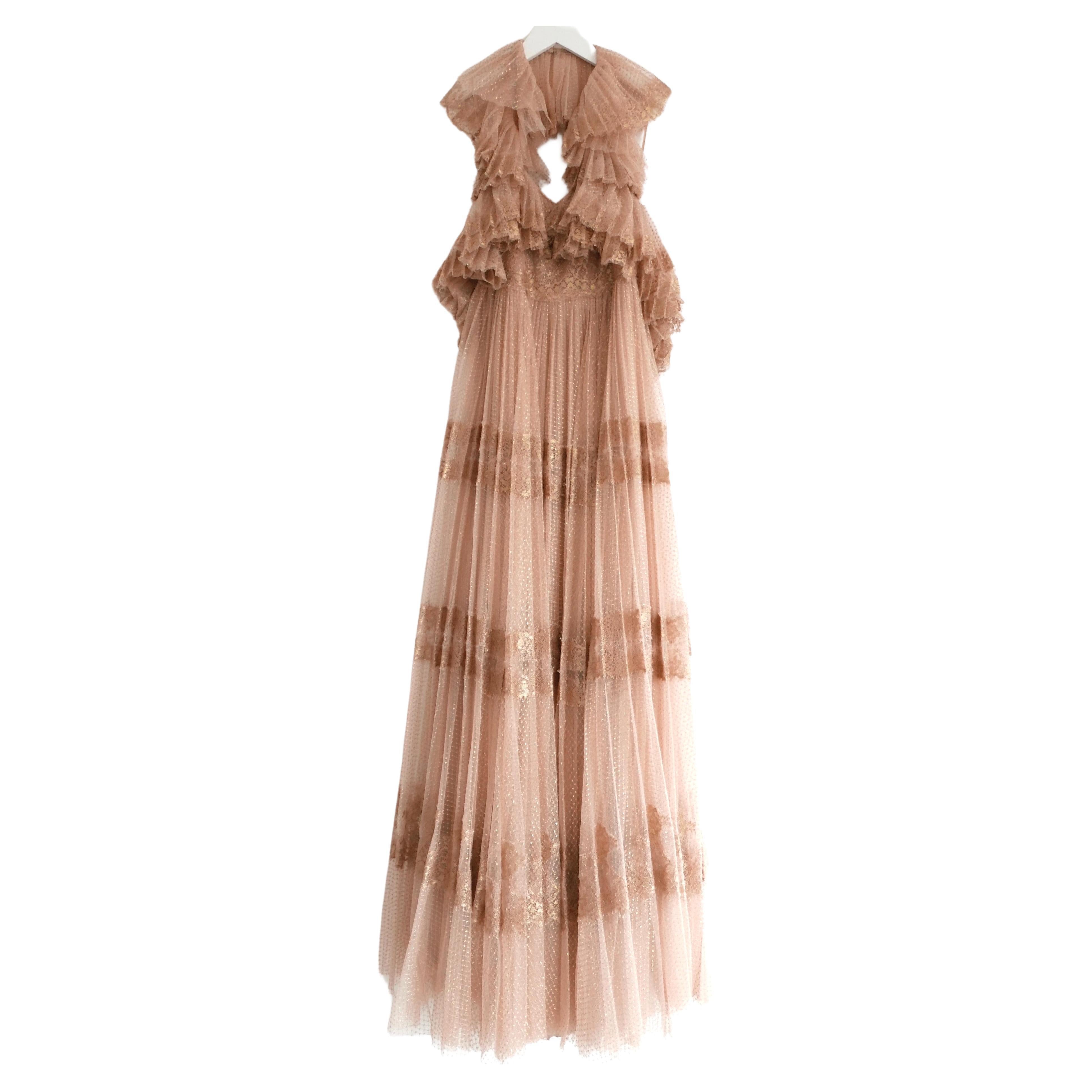 Valentino Gold/Nude Tiered Tulle Lace Gown Dress For Sale