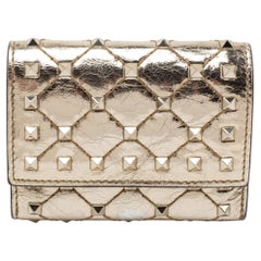 Valentino Gold Patent Leather Rockstud Spike Compact Wallet