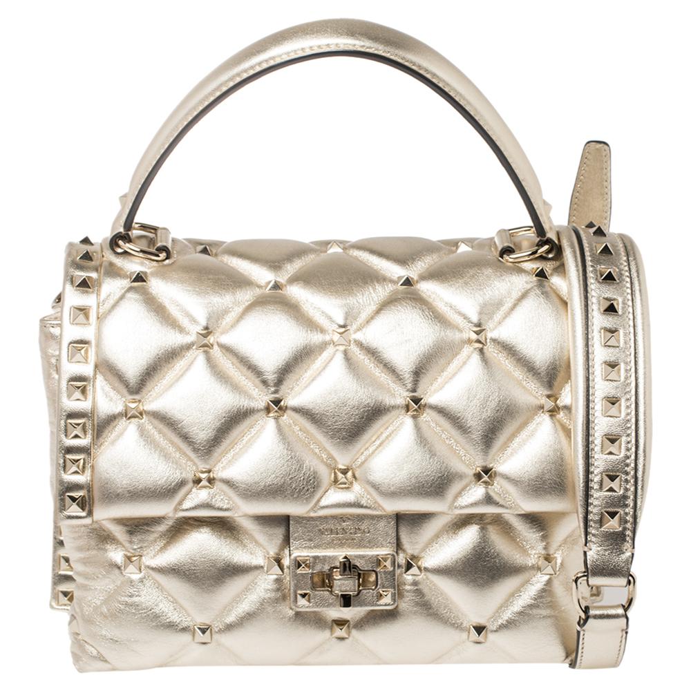 Valentino Gold Quilted Leather Medium Candystud Top Handle Bag at 1stDibs