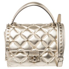 Valentino Gold Quilted Leather Medium Candystud Top Handle Bag