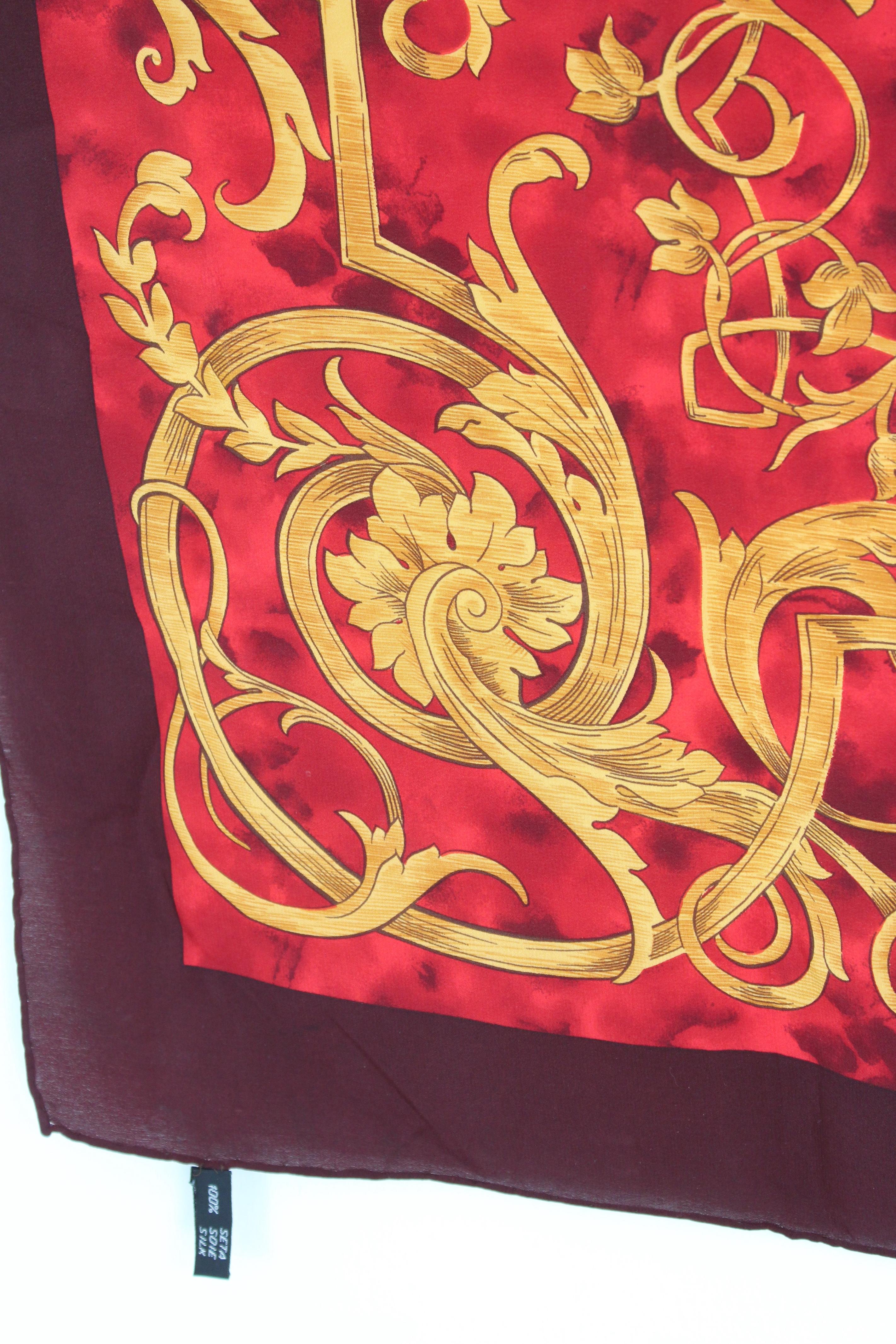 Valentino Gold Red Brown Silk Floral Scarf In Excellent Condition In Brindisi, Bt