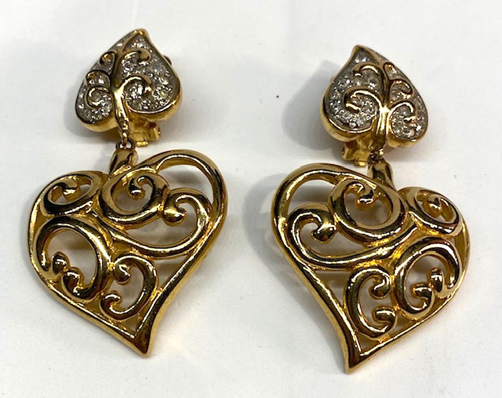 Valentino Gold & Rhinestone 1980s Heart Earrings 6