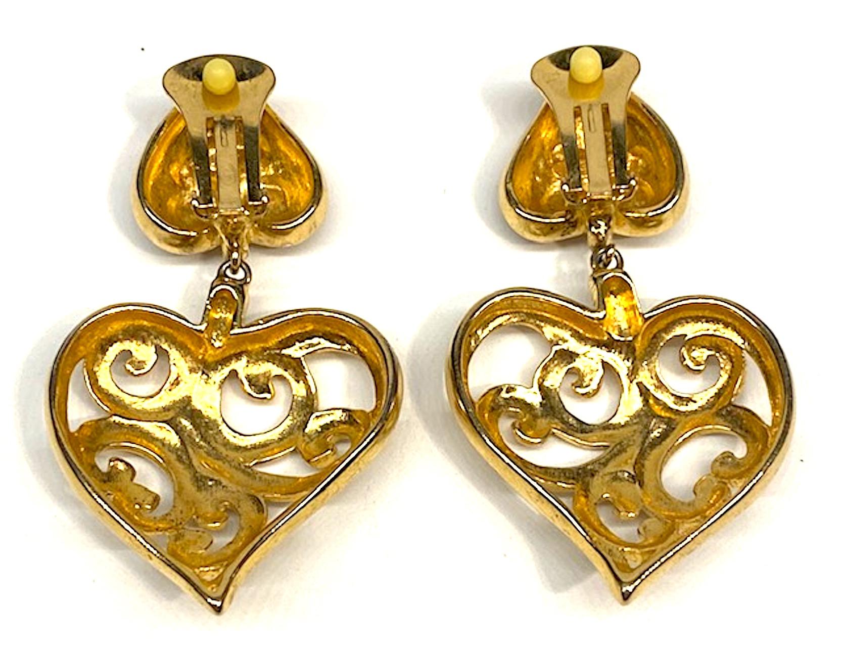 Valentino Gold & Rhinestone 1980s Heart Earrings 7