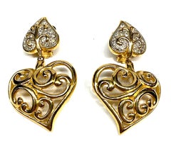 Valentino Gold & Rhinestone 1980s Heart Earrings