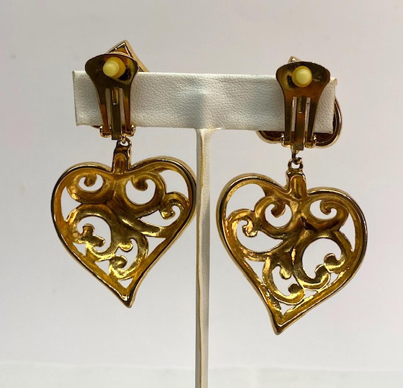 Valentino Gold & Rhinestone 1980s Heart Earrings In Good Condition In New York, NY