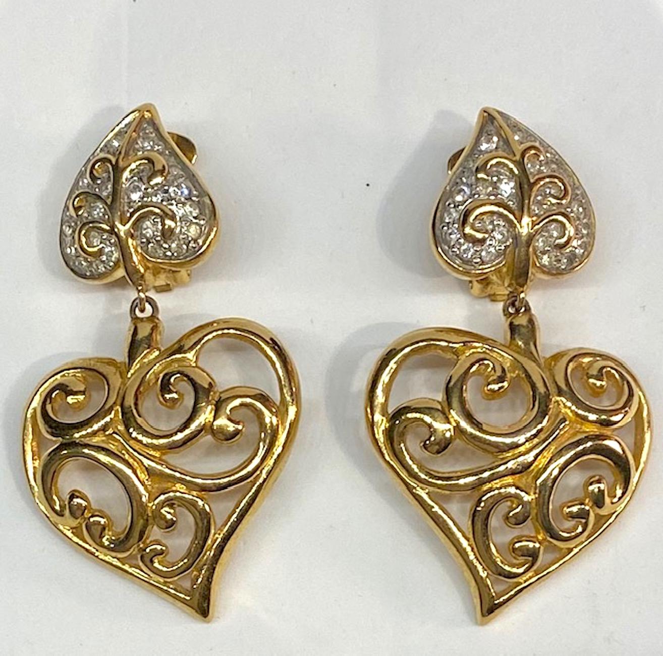 Women's Valentino Gold & Rhinestone 1980s Heart Earrings