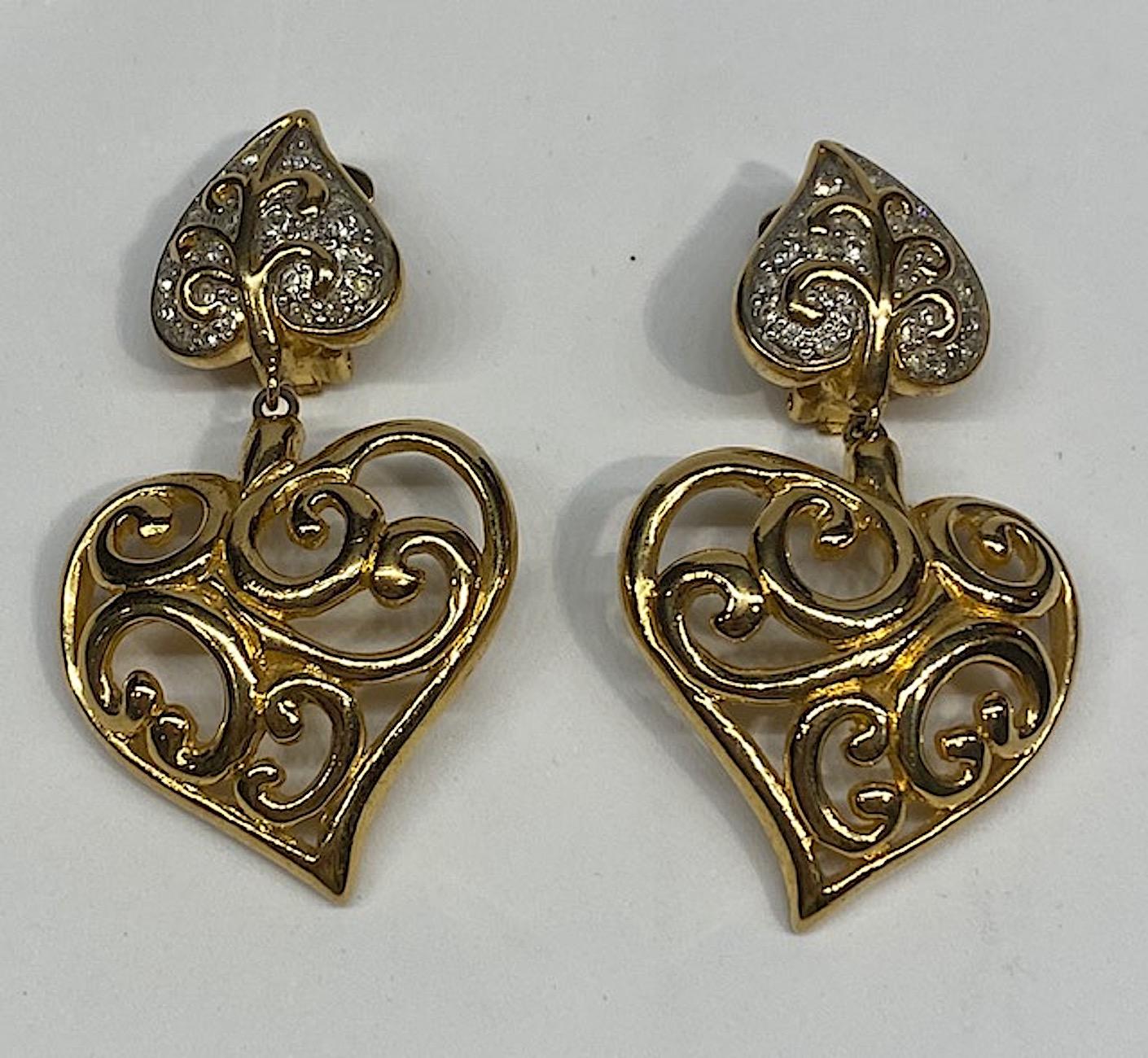 Valentino Gold & Rhinestone 1980s Heart Earrings 1
