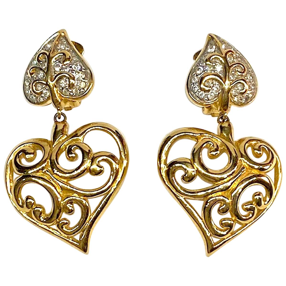 Valentino Gold & Rhinestone 1980s Heart Earrings