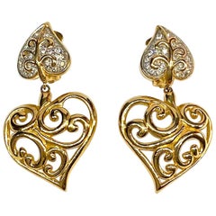 Valentino Gold & Rhinestone 1980s Heart Earrings