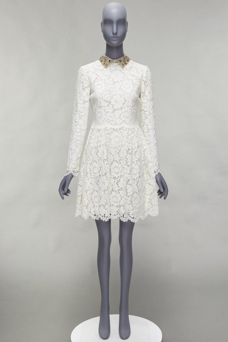 VALENTINO gold sequin embroidered collar cream lace bridal dress For Sale  at 1stDibs