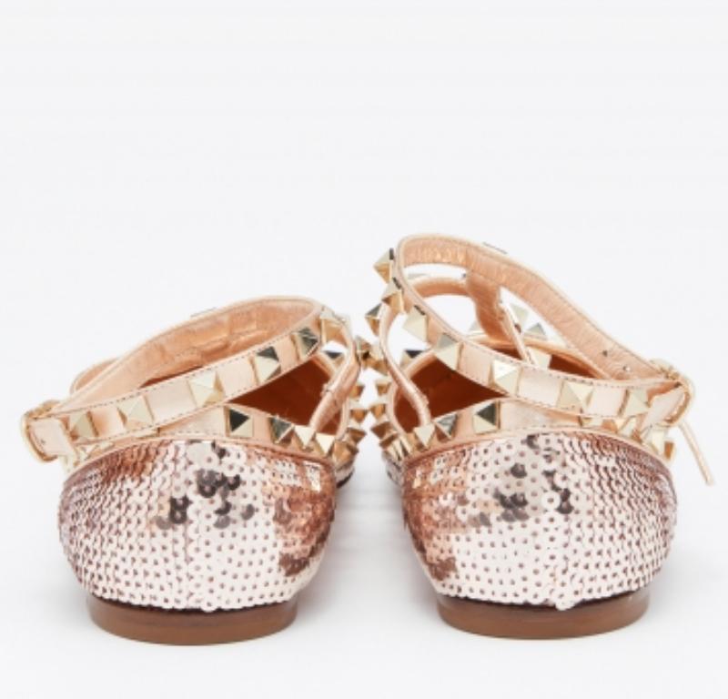  Valentino paillettes d'or et cuir  Rockstud Ballet Flats Size 37.5 Pour femmes 