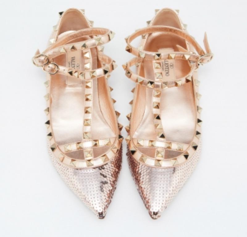 Valentino paillettes d'or et cuir  Rockstud Ballet Flats Size 37.5 1