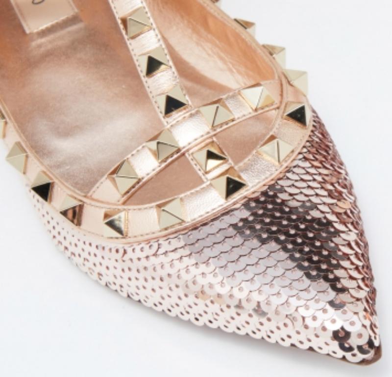 Valentino paillettes d'or et cuir  Rockstud Ballet Flats Size 37.5 2