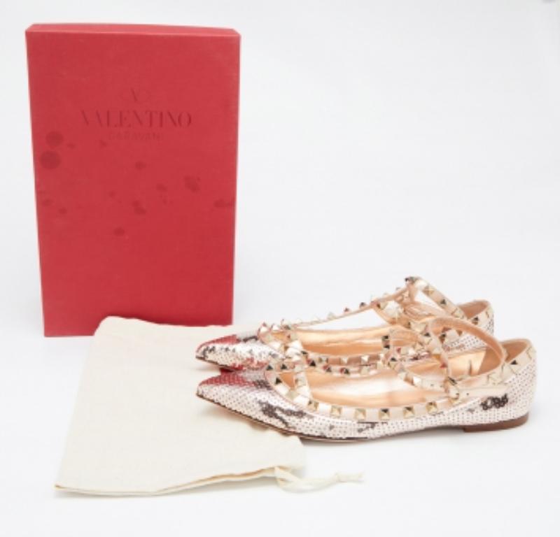 Valentino paillettes d'or et cuir  Rockstud Ballet Flats Size 37.5 3