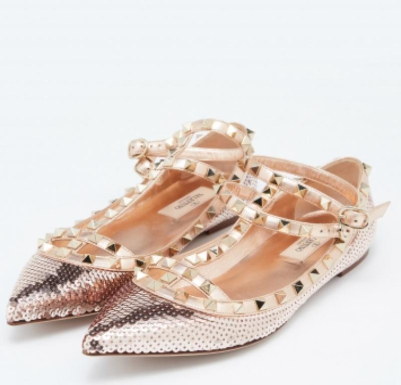 Valentino paillettes d'or et cuir  Rockstud Ballet Flats Size 37.5 4