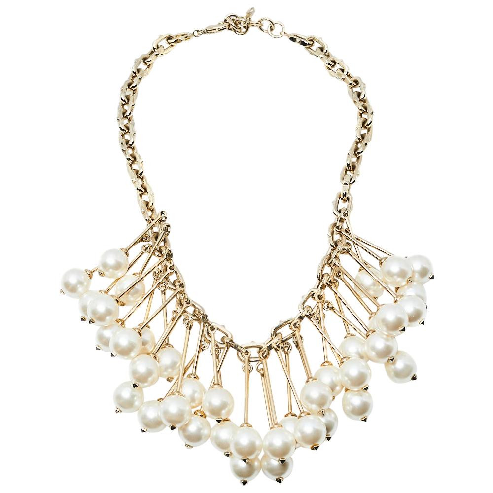 Valentino Gold Tone Hanging Pearl Cluster Necklace
