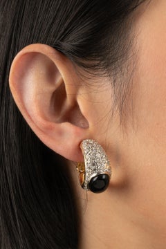 Valentino Golden Metal Clip-On Earrings Ornamented with Rhinestones