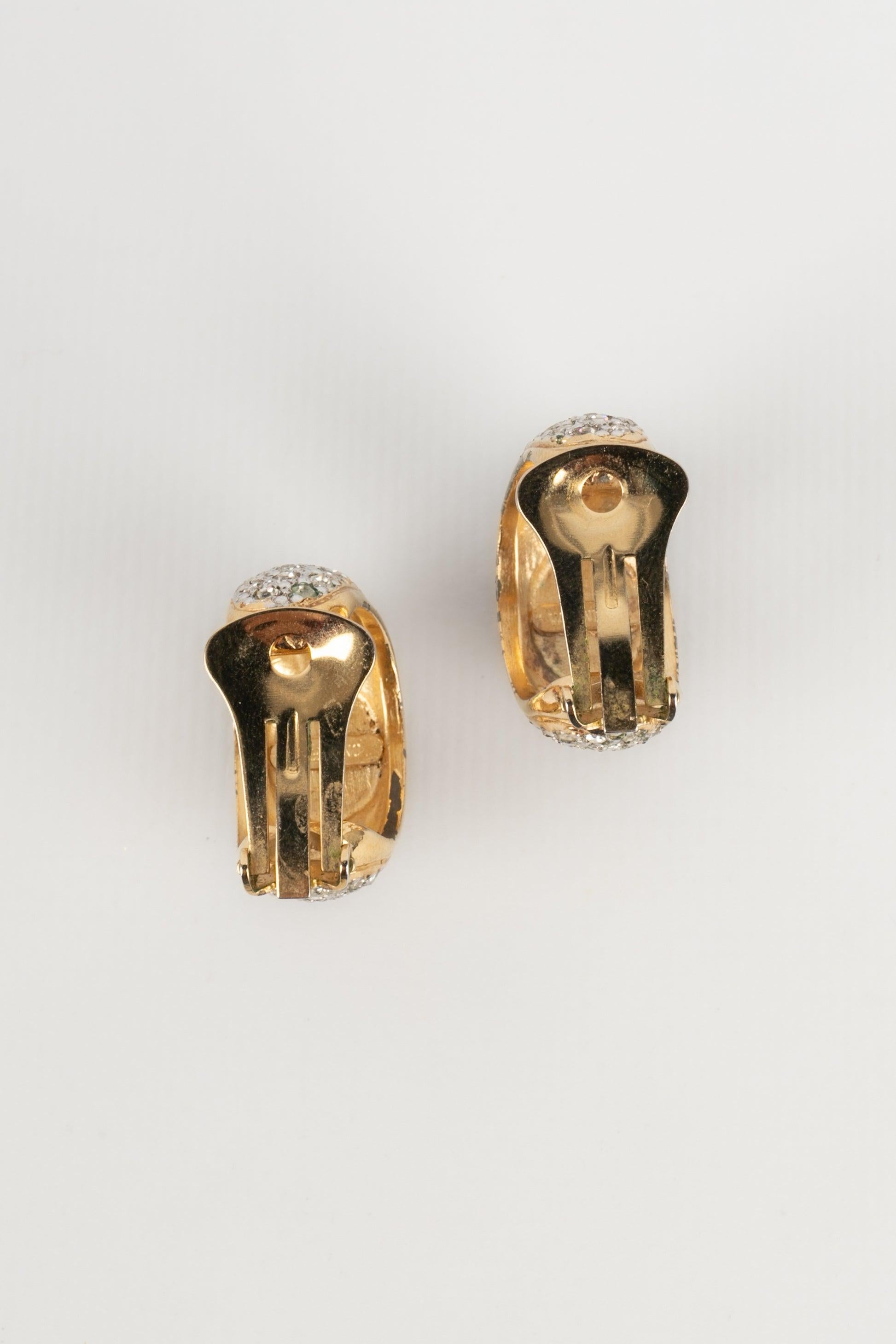 Women's Valentino Golden Metal Clip-On Earrings Ornamented with Rhinestones