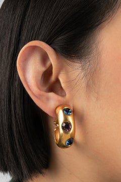 Valentino Golden Metal Clip-On Earrings Ornamented with Three Rhinestones