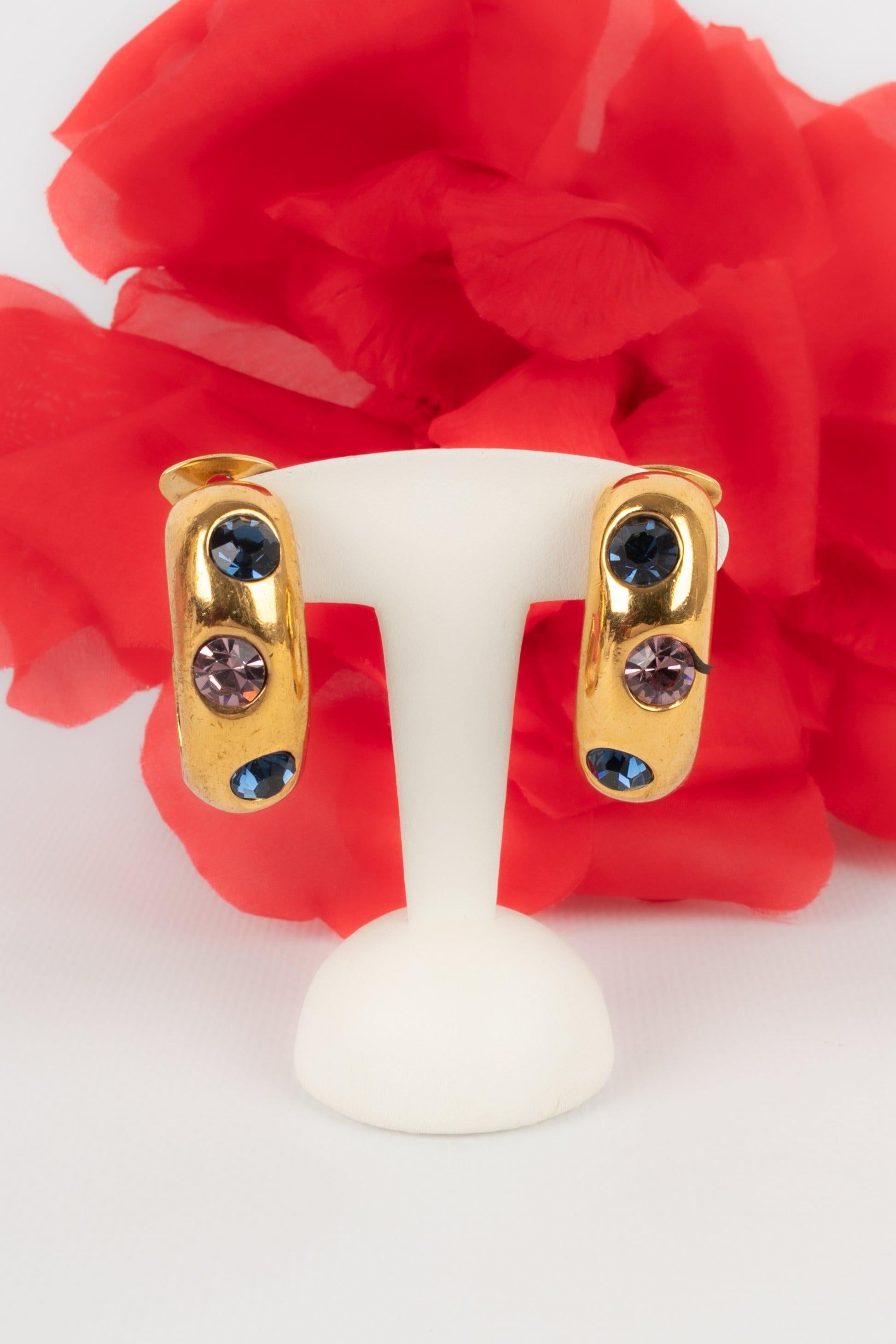 Valentino Golden Metal Clip-On Earrings Ornamented with Three Rhinestones 3