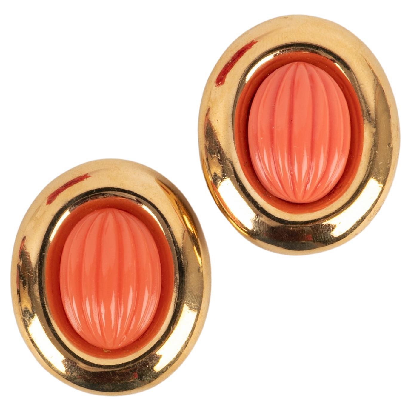 Valentino Golden Metal Clip-On Earrings with Resin Cabochons For Sale