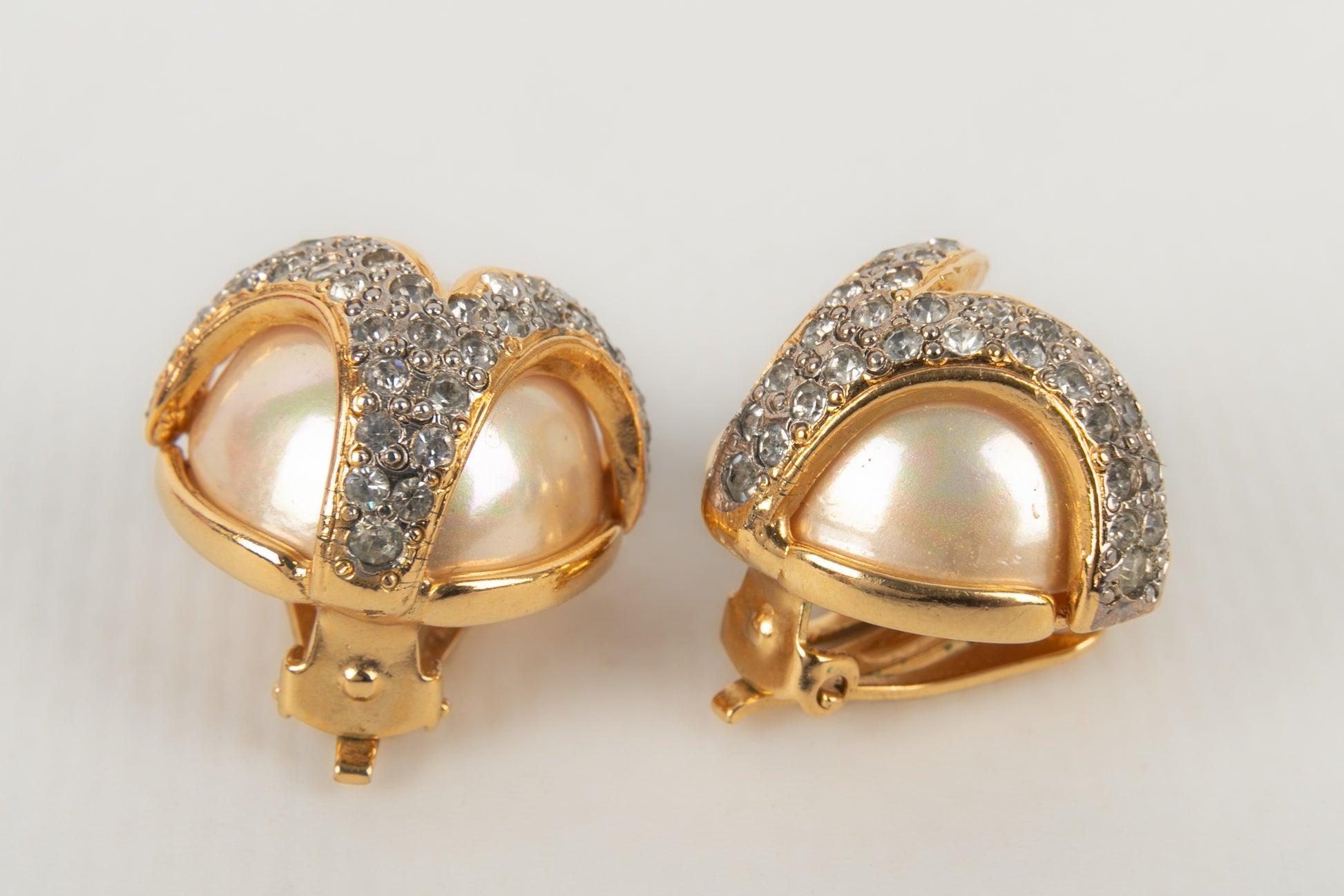 Women's Valentino Golden Metal Clip-On Earrings with Rhinestones and Pearly Cabochons For Sale
