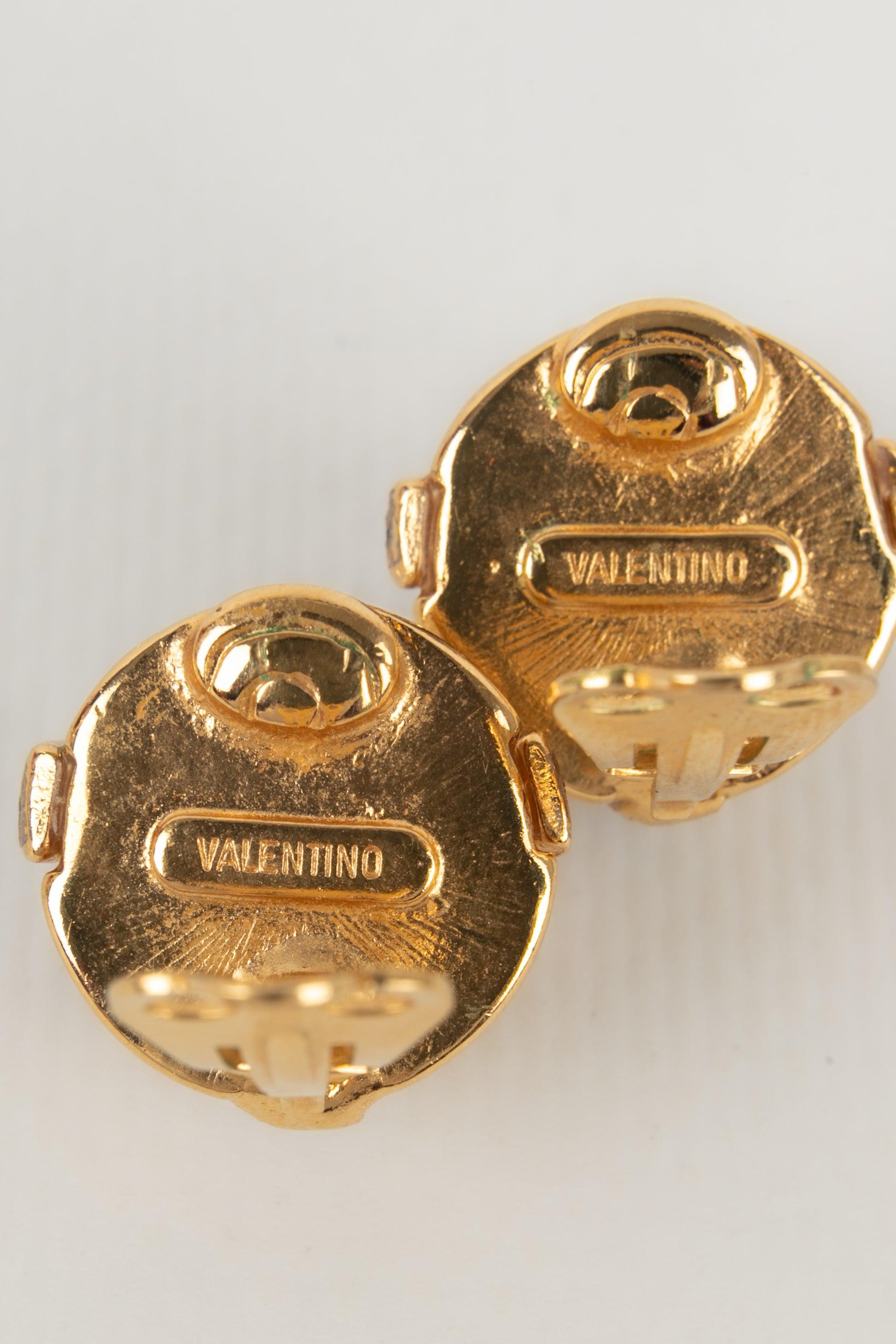 Valentino Golden Metal Clip-On Earrings with Rhinestones and Pearly Cabochons For Sale 1