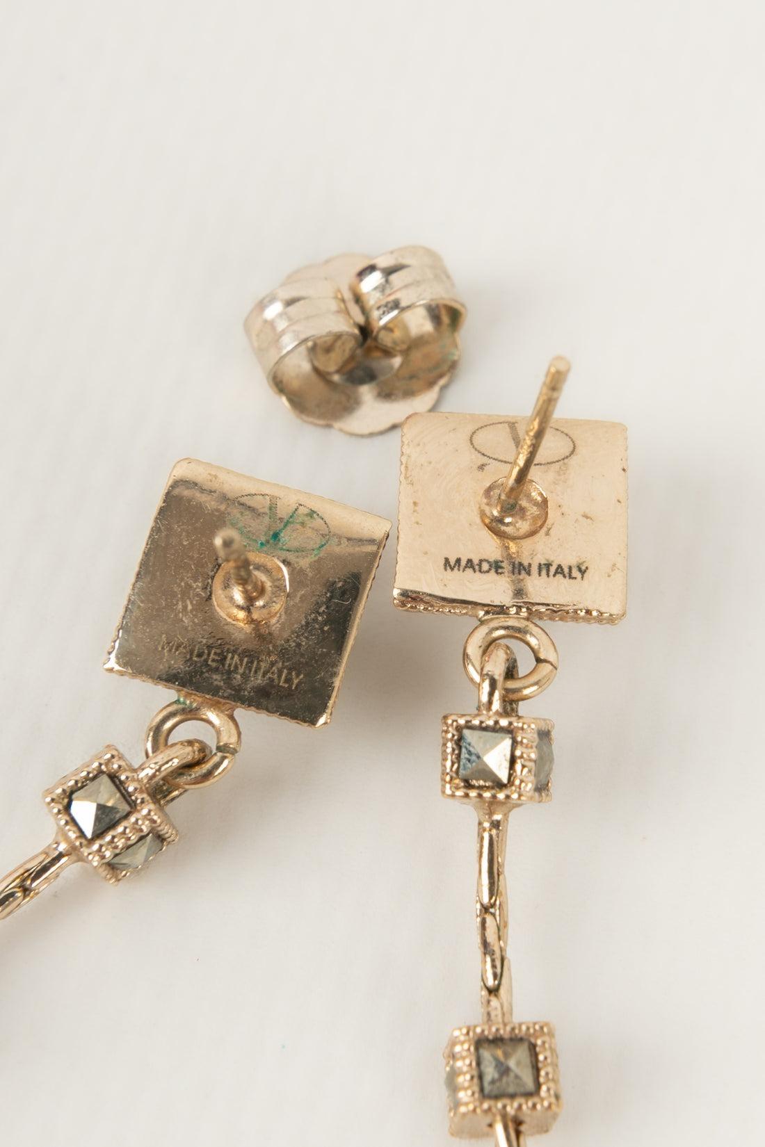 Valentino Golden Metal Earrings with Rhinestones For Sale 1