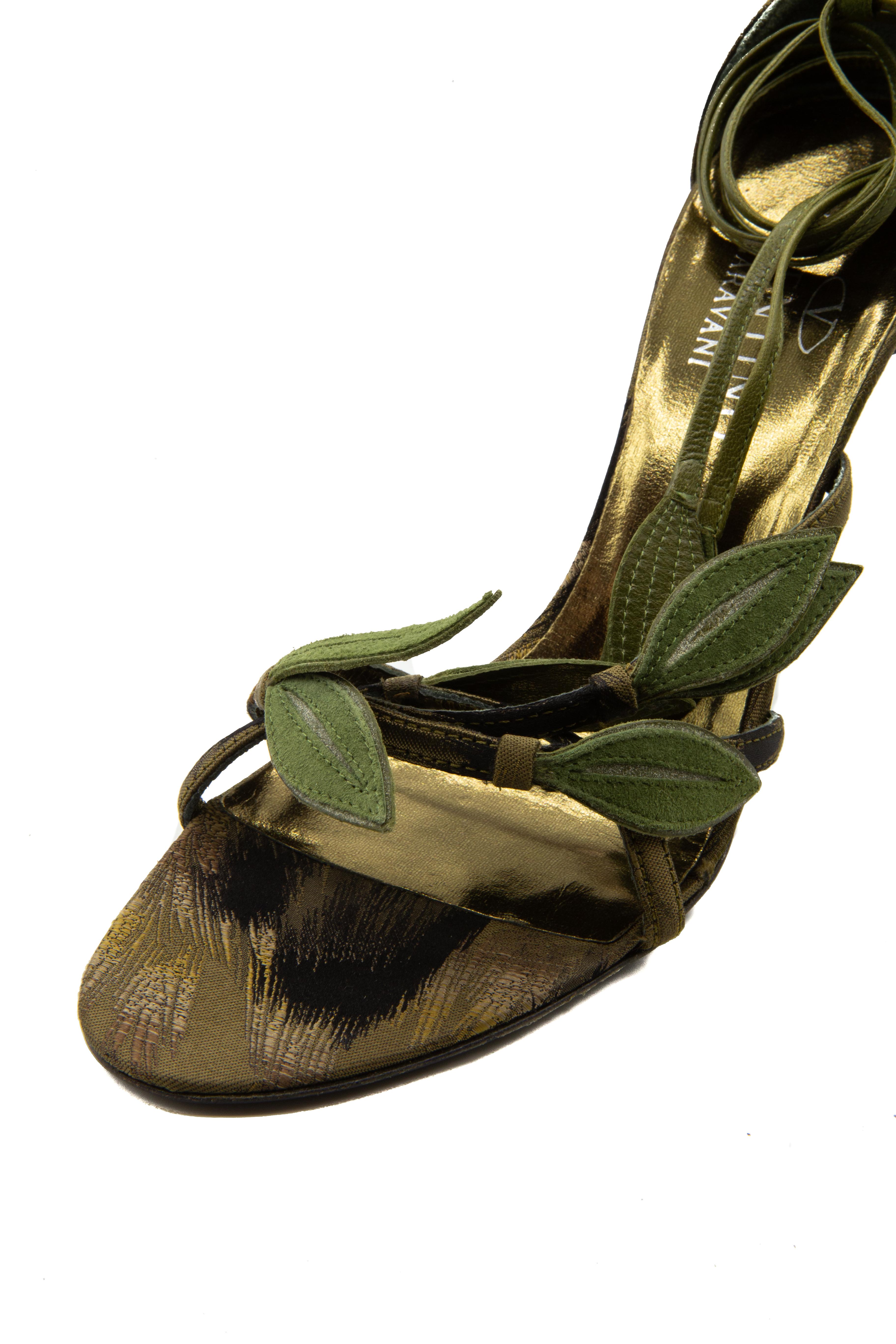 Black Valentino Green Bamboo Leaf Pewter Sandals