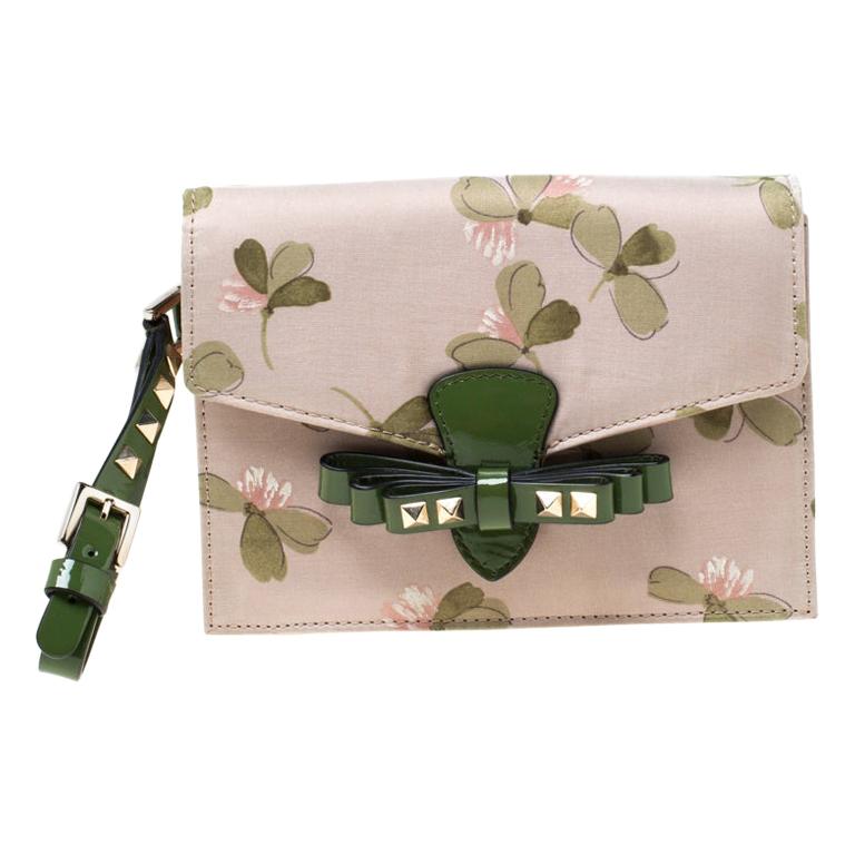 Valentino Green/Beige Floral Print Fabric Studded Bow Wristlet Clutch