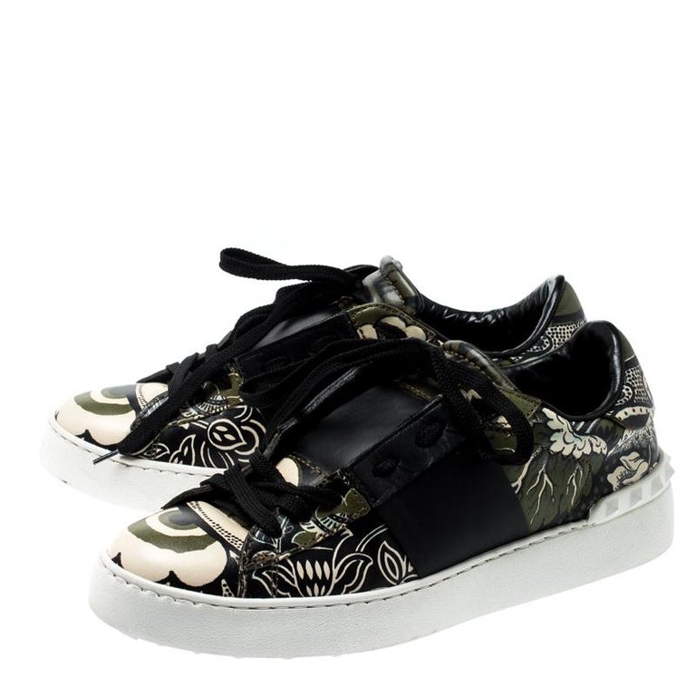 Valentino Green/Beige Floral Printed Leather Open Sneakers Size 39 For Sale  at 1stDibs