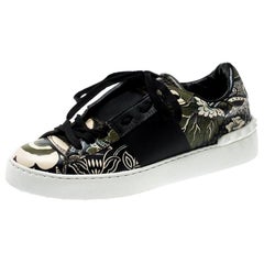 Valentino Green/Beige Floral Printed Leather Open Sneakers Size 39