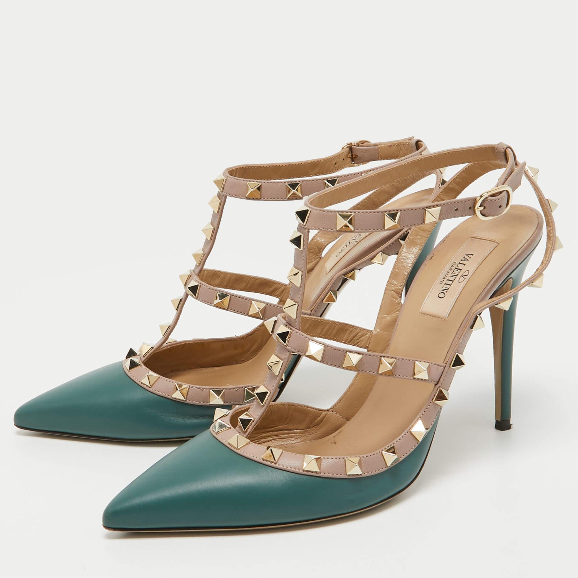 Valentino Green/Beige Leather Caged Rockstud Pumps Size 41 1