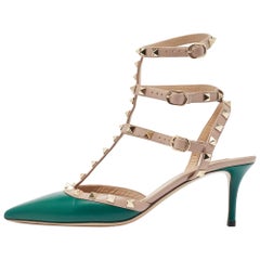 Valentino Green/Beige Leather Rockstud Ankle Strap Pumps Size 40