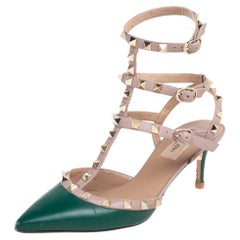 Valentino Green/Beige Leather Rockstud Ankle Strap Sandals Size 37