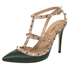 Valentino Green/Beige Leather Rockstud Pointed Toe Ankle Strap Sandals Size 37
