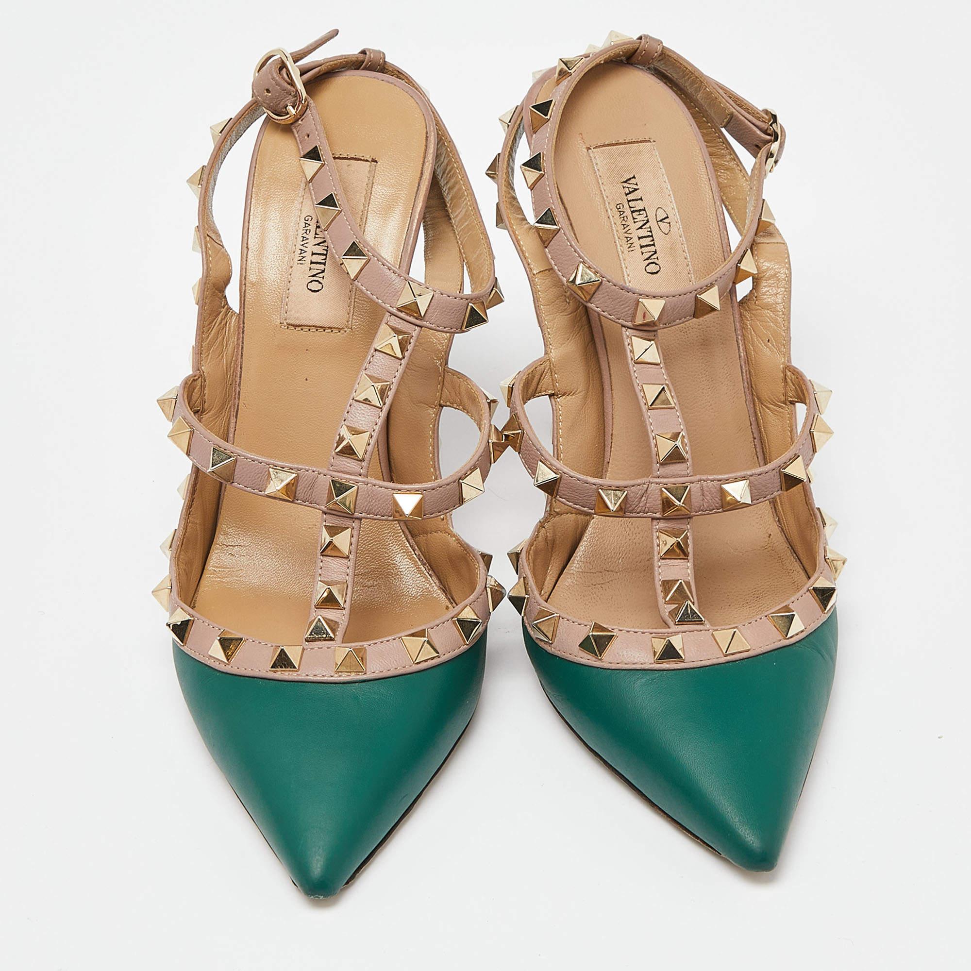 Brown Valentino Green/Beige Leather Rockstud Strappy Pointed Toe Pumps Size 37.5