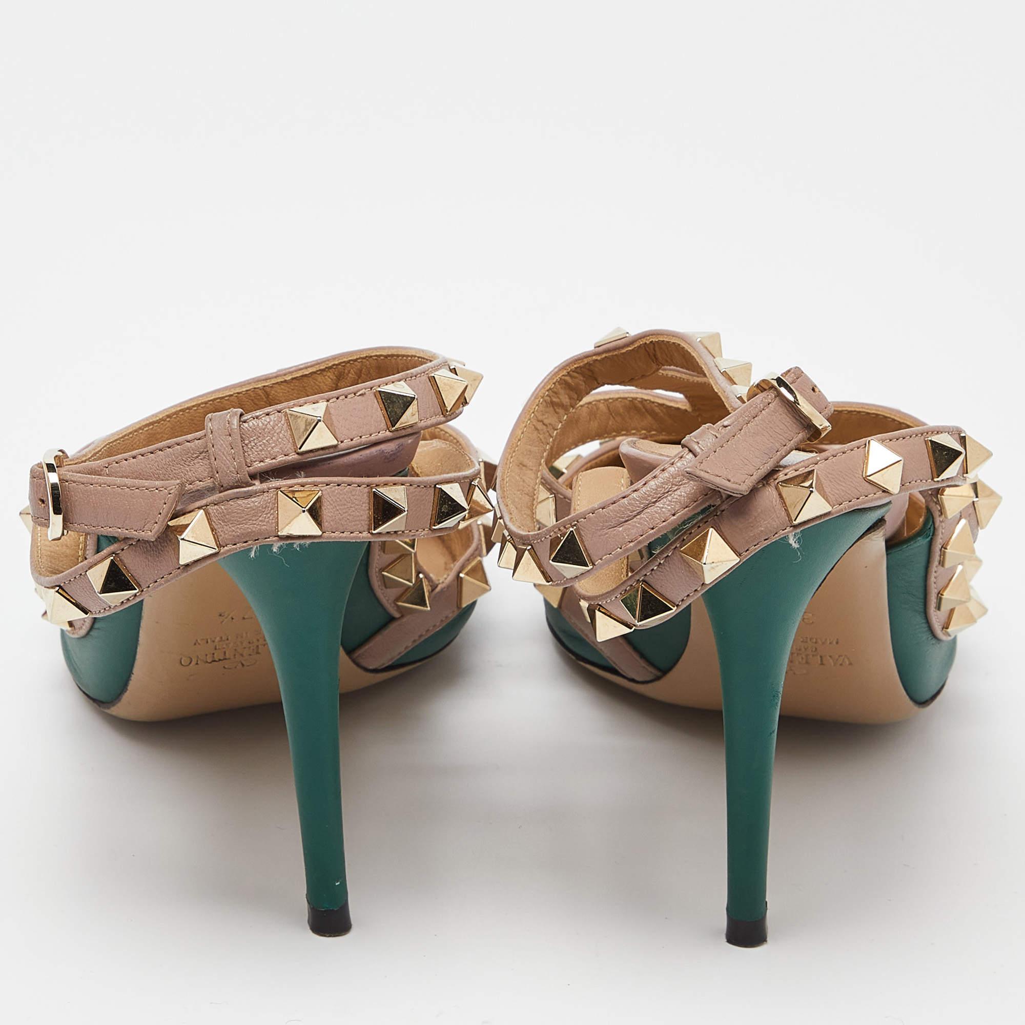 Women's Valentino Green/Beige Leather Rockstud Strappy Pointed Toe Pumps Size 37.5