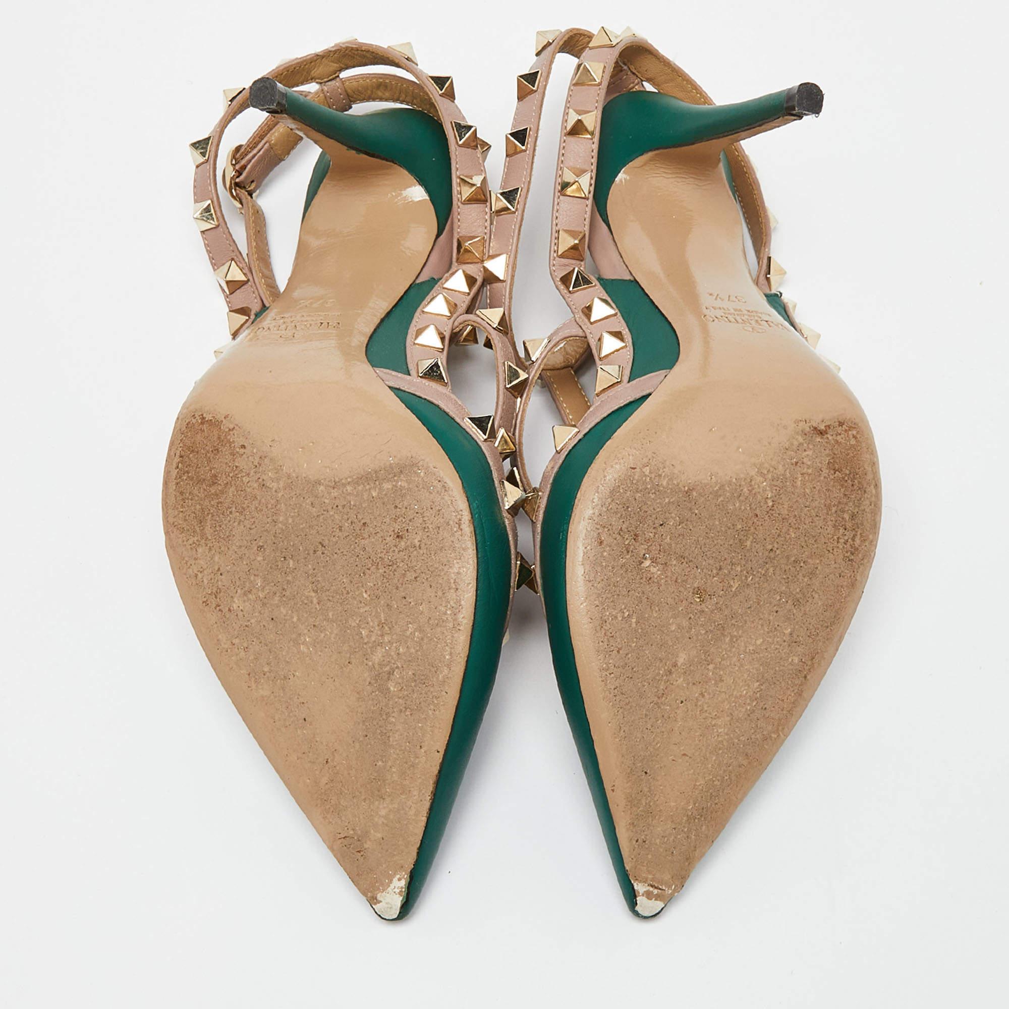Valentino Green/Beige Leather Rockstud Strappy Pointed Toe Pumps Size 37.5 1
