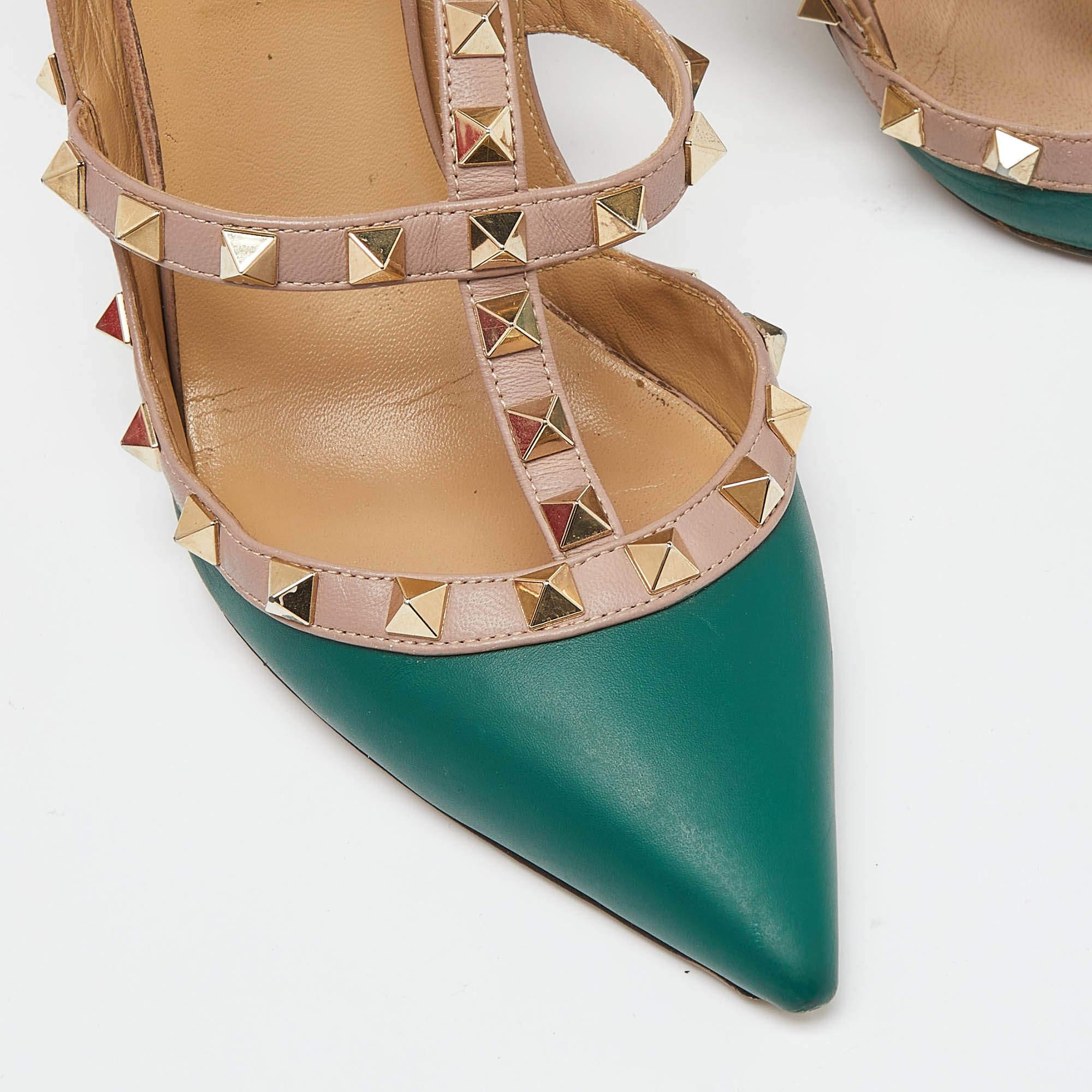 Valentino Green/Beige Leather Rockstud Strappy Pointed Toe Pumps Size 37.5 2