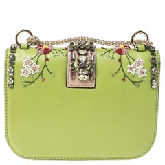 Valentino Green/Beige Leather Small Crystal, Beaded  Rockstud Glam Lock Flap Bag