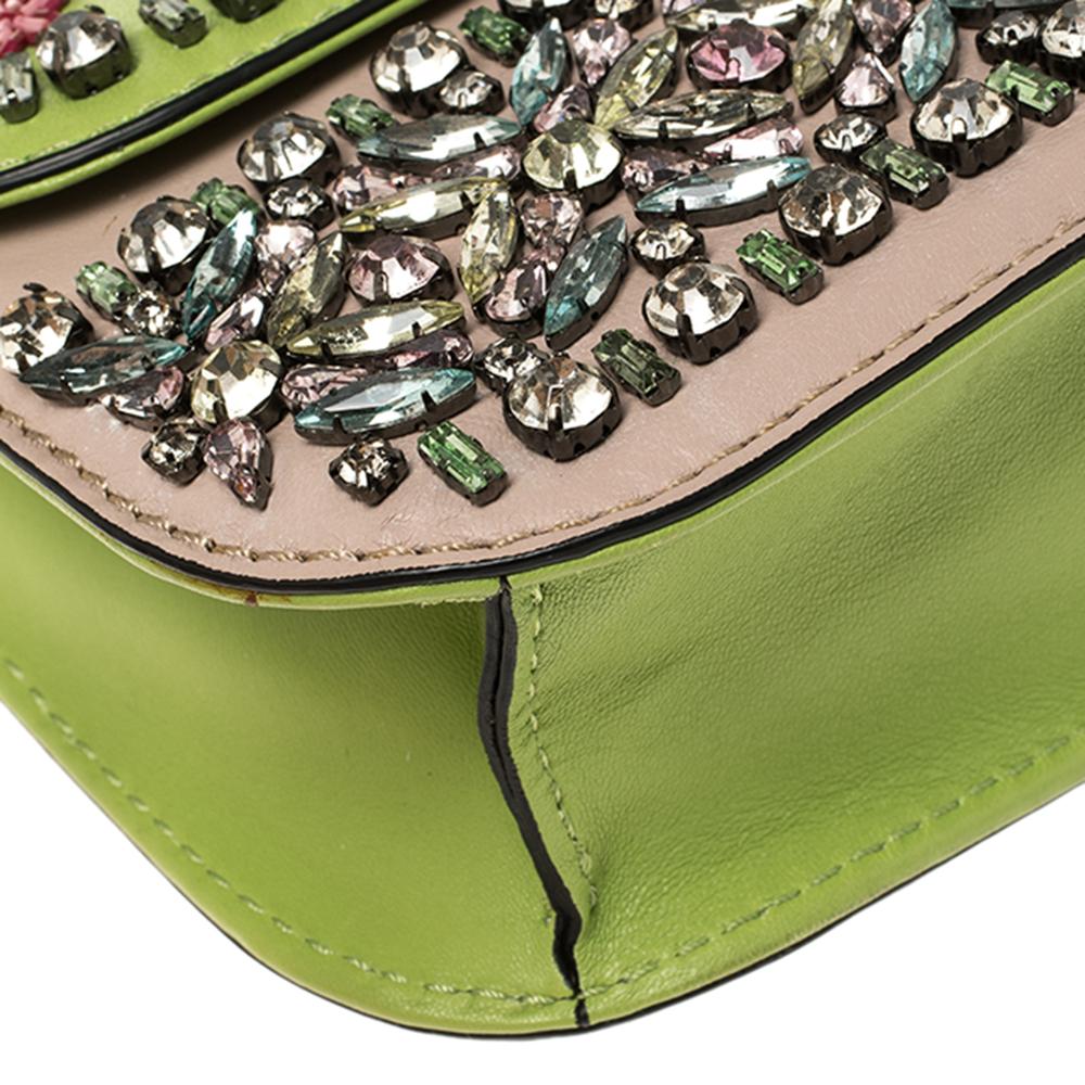 Valentino Green/Beige Leather Small Crystal, Beaded  Rockstud Glam Lock Flap Bag In Good Condition In Dubai, Al Qouz 2