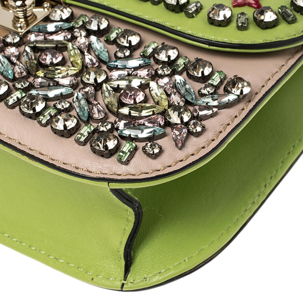 Women's Valentino Green/Beige Leather Small Crystal, Beaded  Rockstud Glam Lock Flap Bag