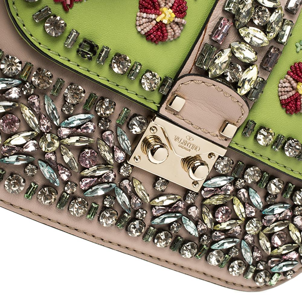Valentino Green/Beige Leather Small Crystal, Beaded  Rockstud Glam Lock Flap Bag 1