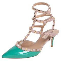 Valentino Green/Beige Patent And Leather Rockstud Ankle Strap Sandals Size 37.5
