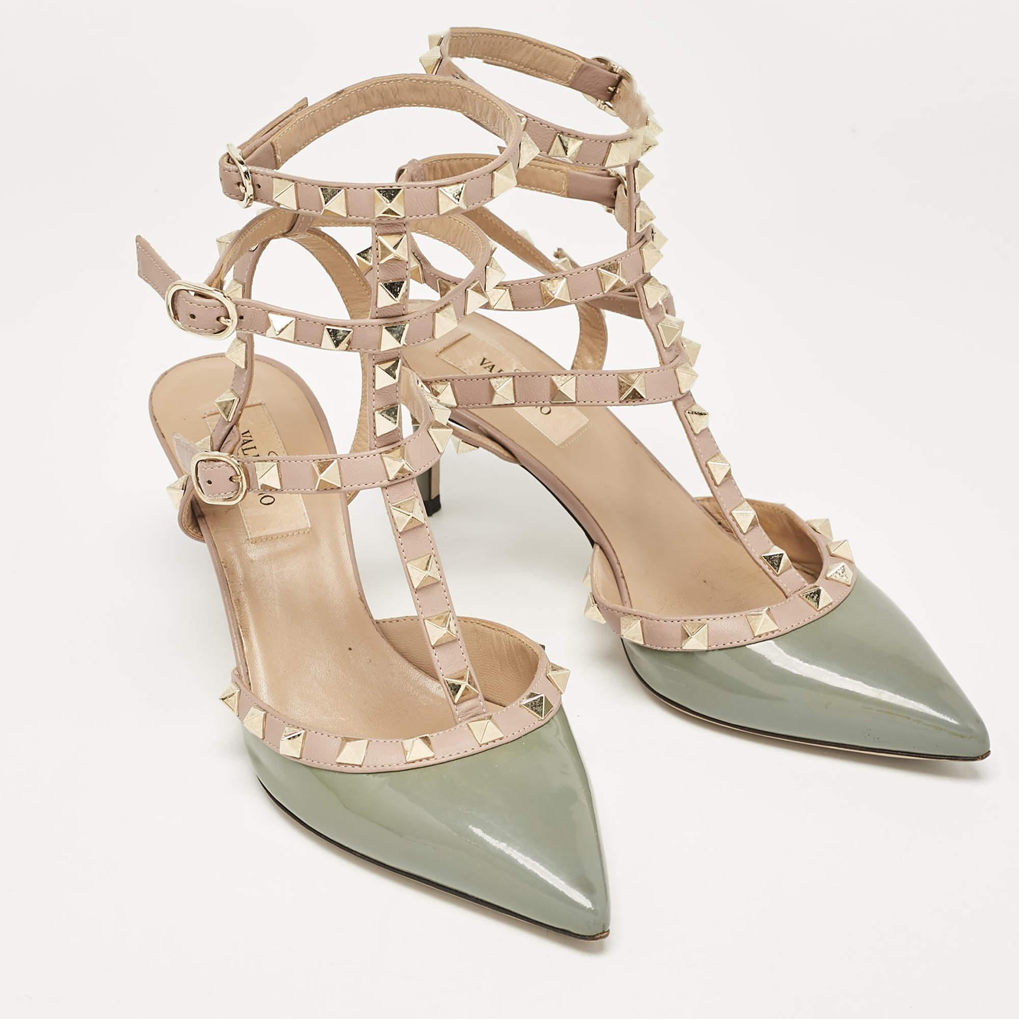 Women's Valentino Green/Beige Patent and Leather Rockstud Pumps Size 37