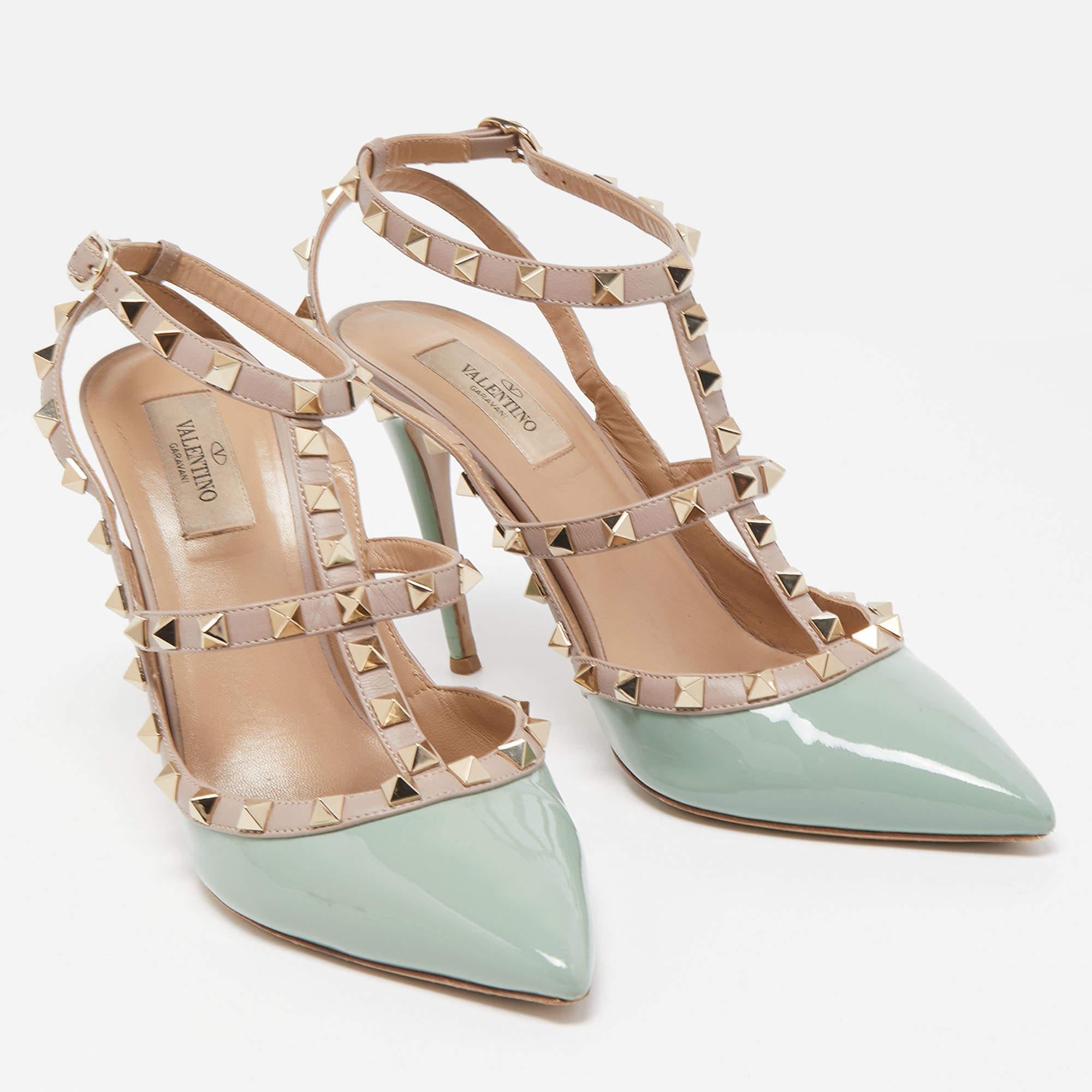 Women's Valentino Green/Beige Patent and Leather Rockstud Pumps Size 40.5