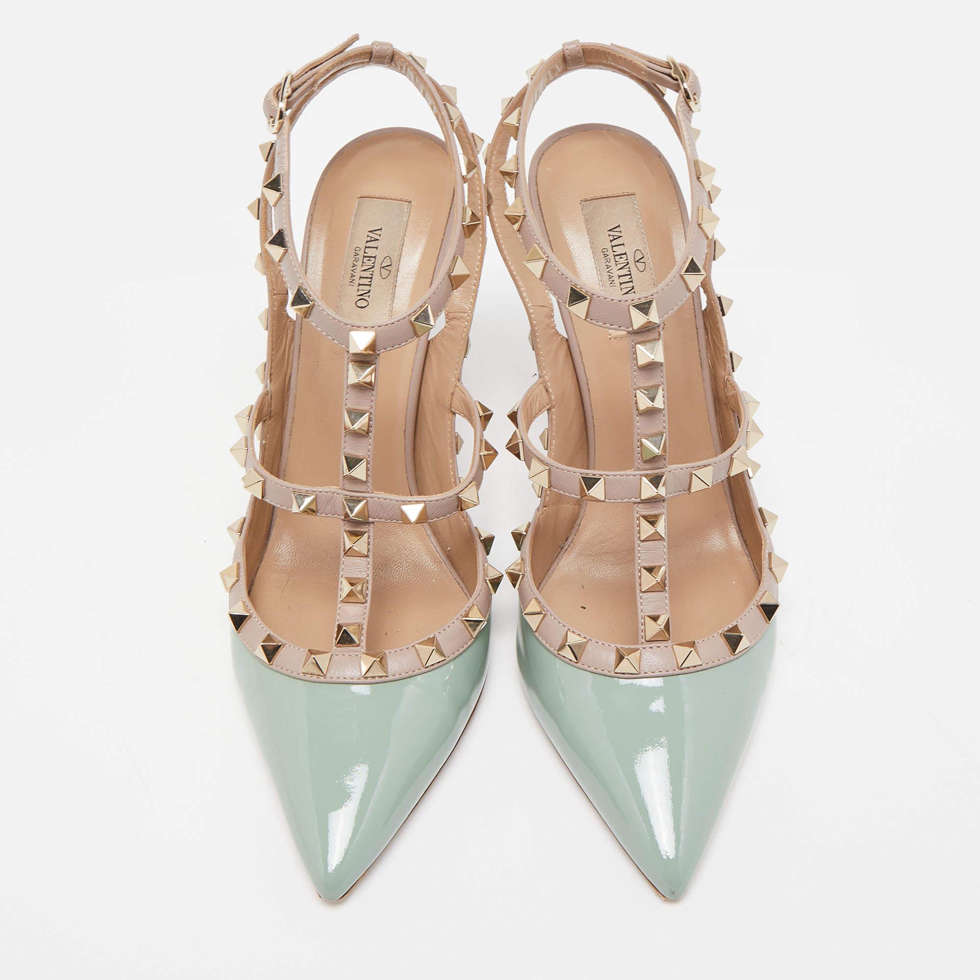 Valentino Green/Beige Patent and Leather Rockstud Pumps Size 40.5 2