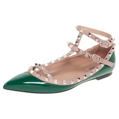 Valentino Green/Beige Patent Leather Rockstud Ankle Strap Ballet Flats Size 39